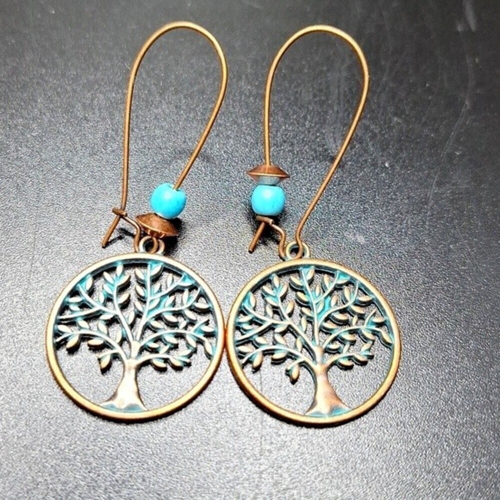 Boho Bronze filigree tree turquoise bead Earrings